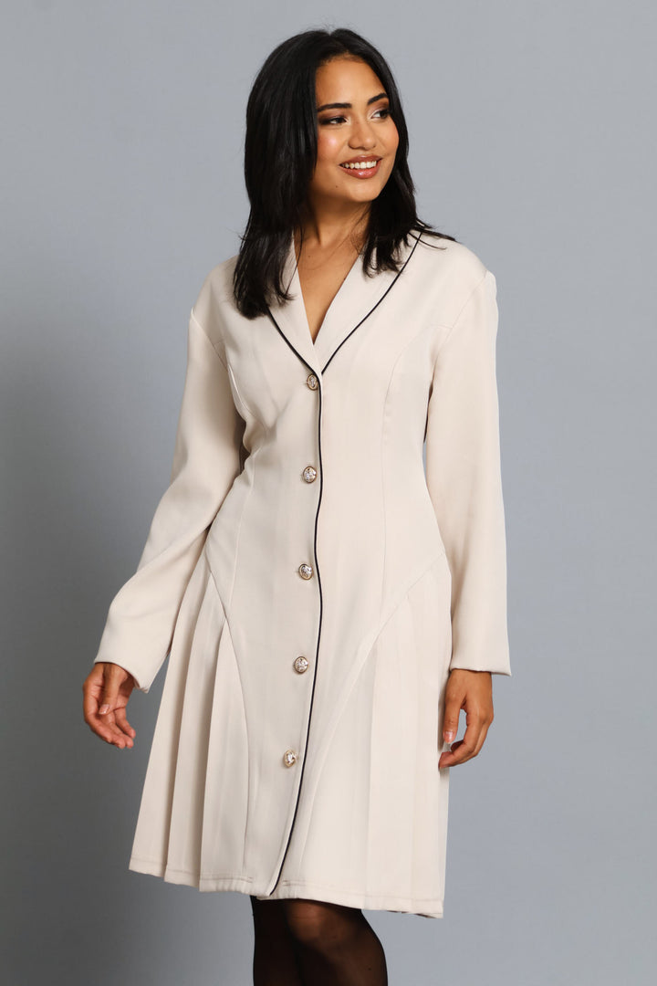 Collared Button Thru Pleated Dress - Cream