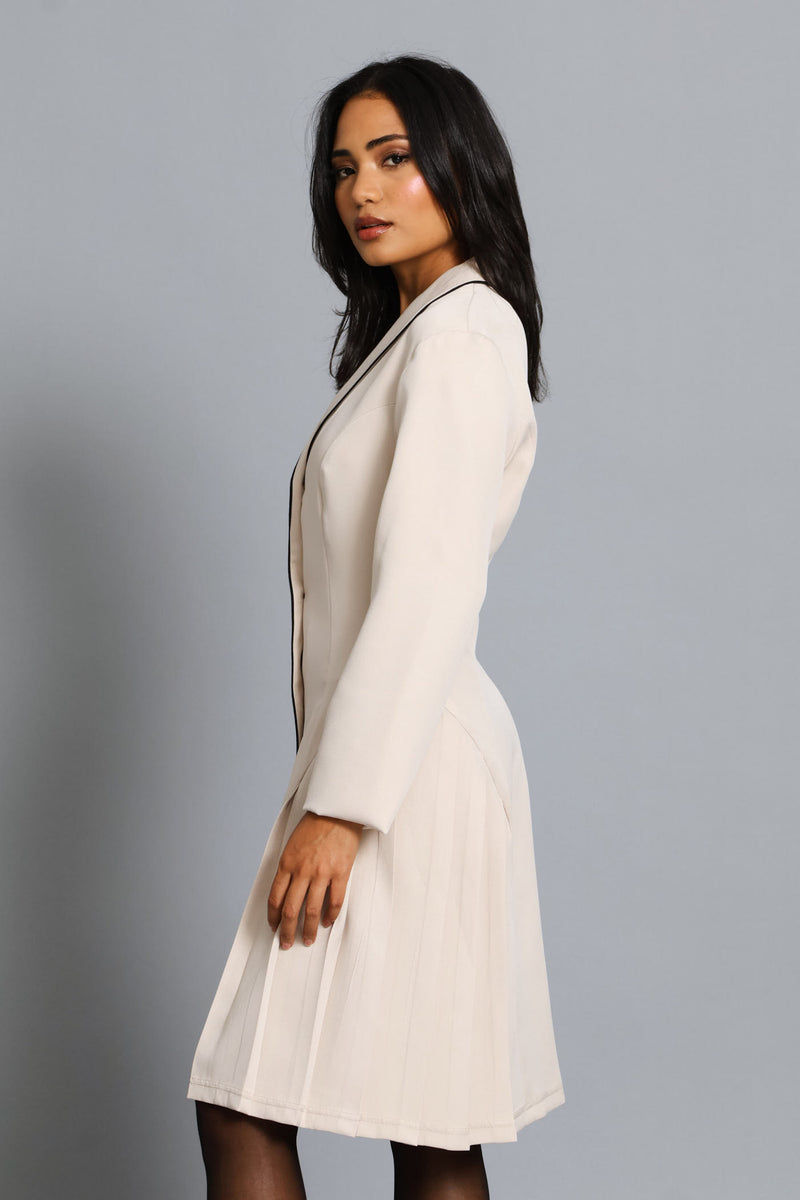 Collared Button Thru Pleated Dress - Cream