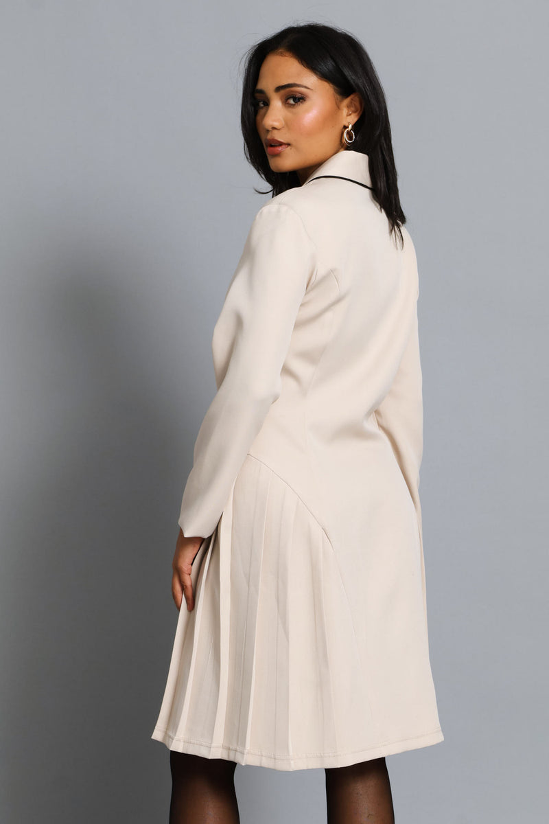 Collared Button Thru Pleated Dress - Cream