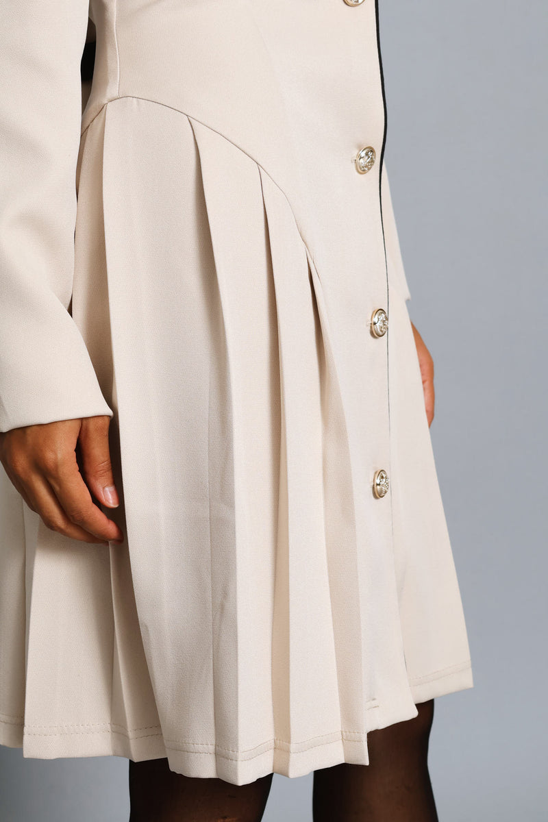 Collared Button Thru Pleated Dress - Cream