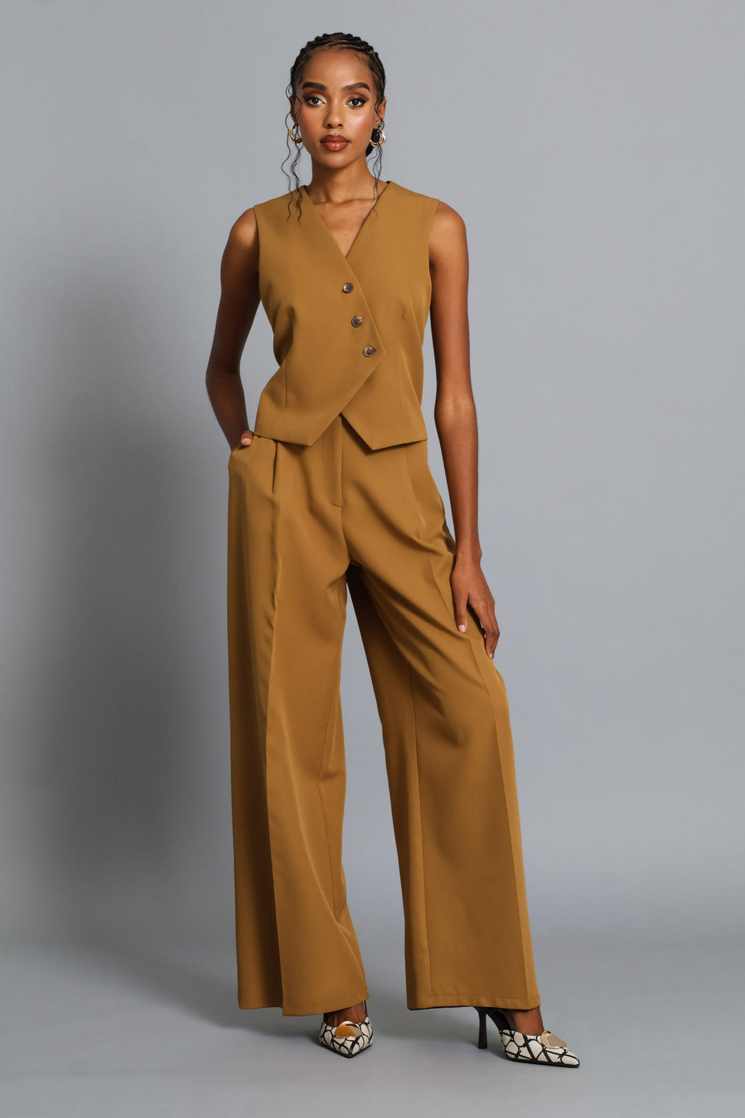 Angled Panelled Waistcoat - Tan