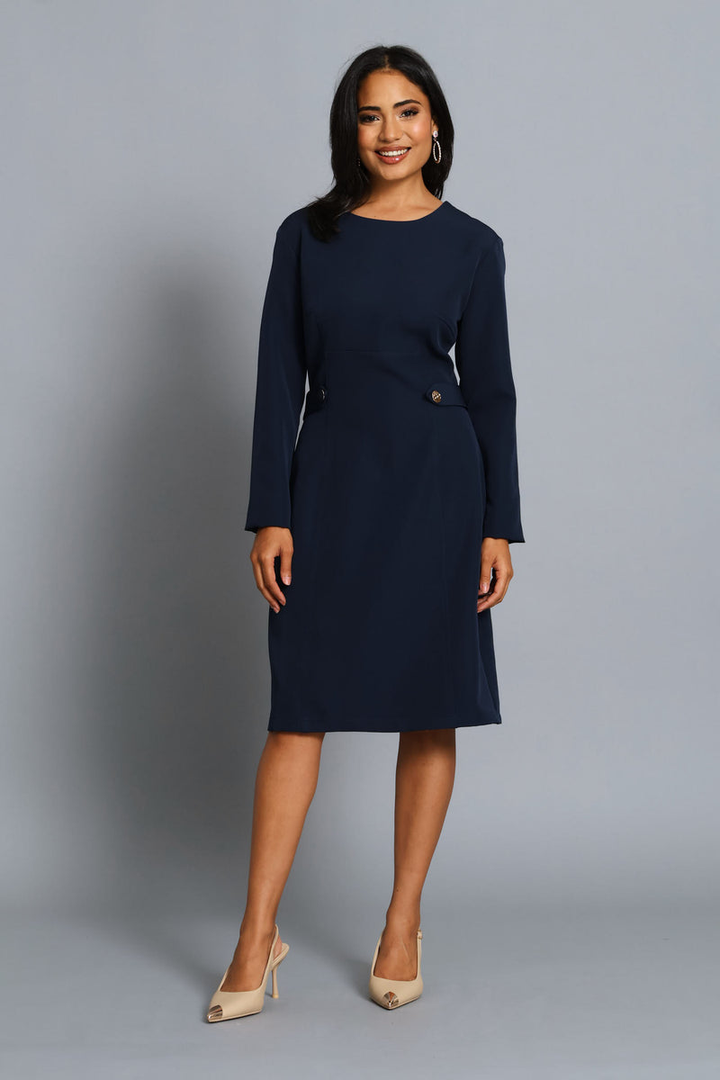 Panel Side Tab Work Pencil Dress - Dark Navy