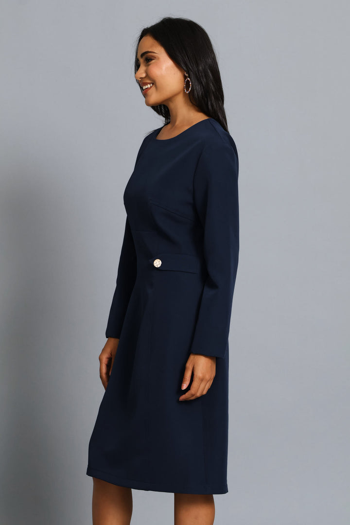Panel Side Tab Work Pencil Dress - Dark Navy
