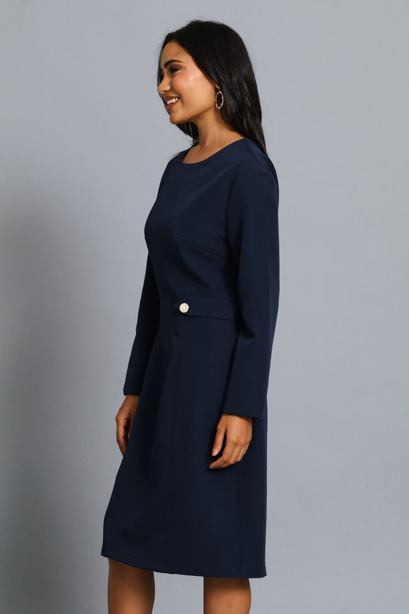 Panel Side Tab Work Pencil Dress - Dark Navy