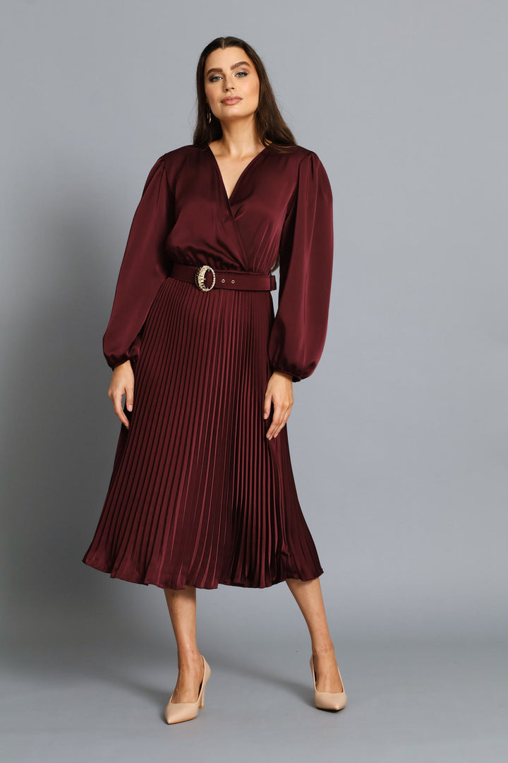 Wrap Belted Pleated Midi Dress - Wine