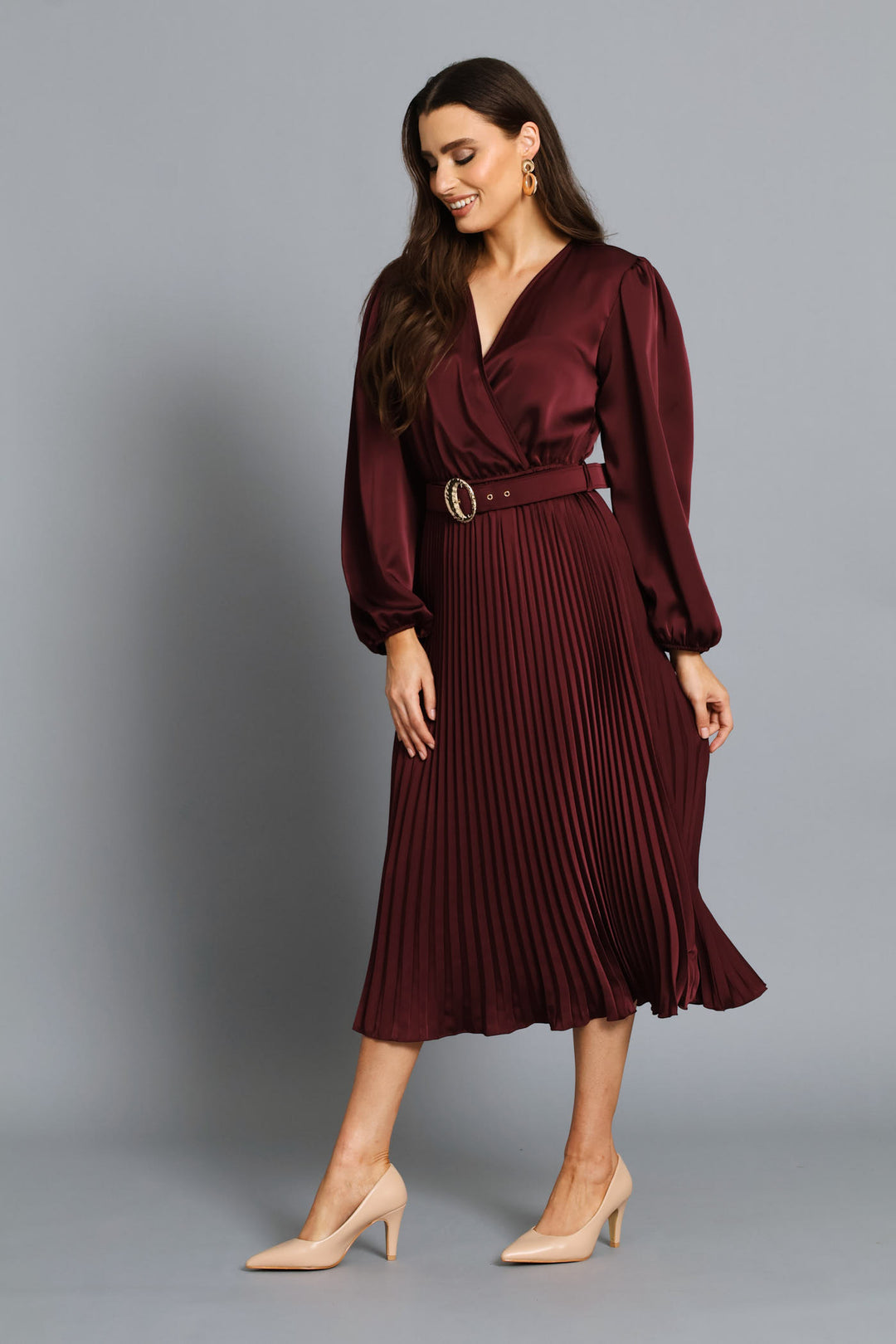 Wrap Belted Pleated Midi Dress - Wine