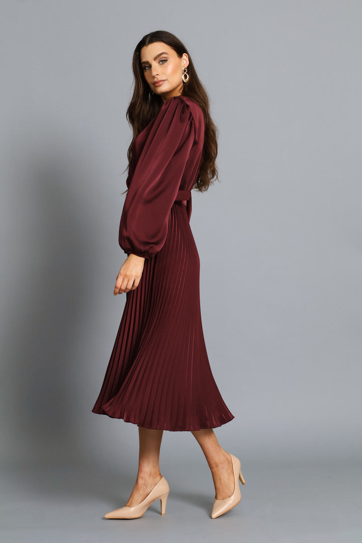 Wrap Belted Pleated Midi Dress - Wine