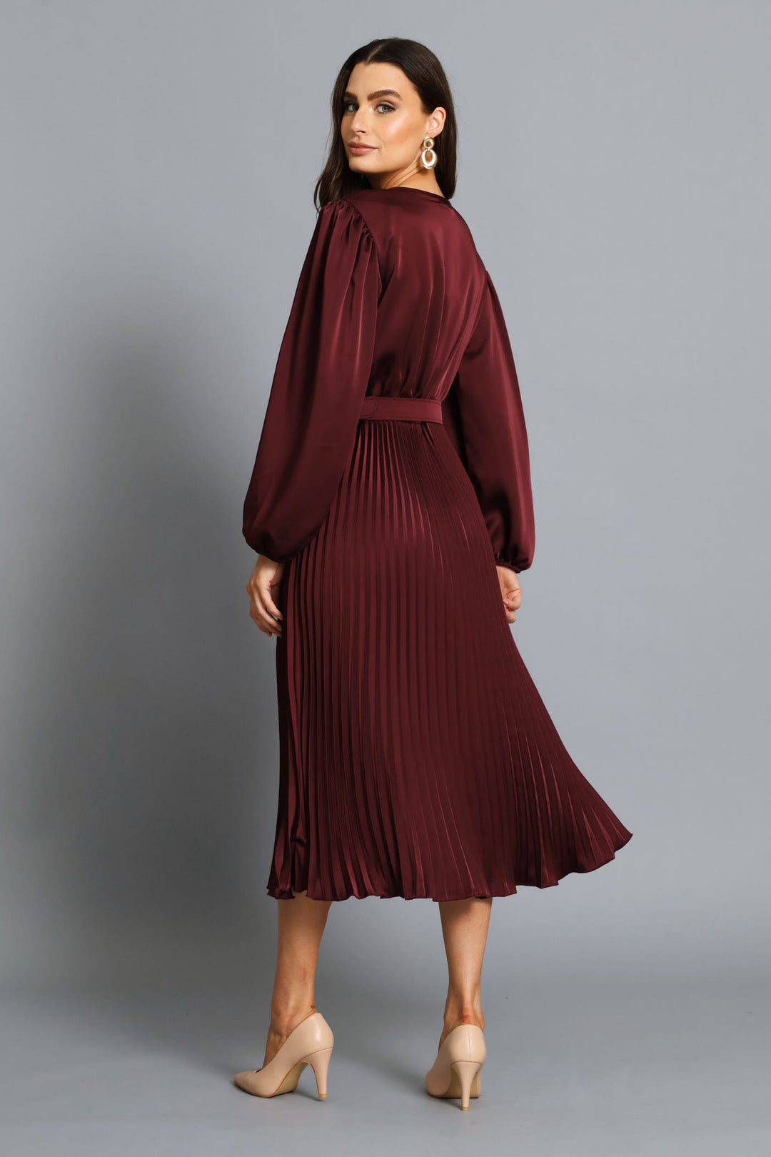 Wrap Belted Pleated Midi Dress - Wine