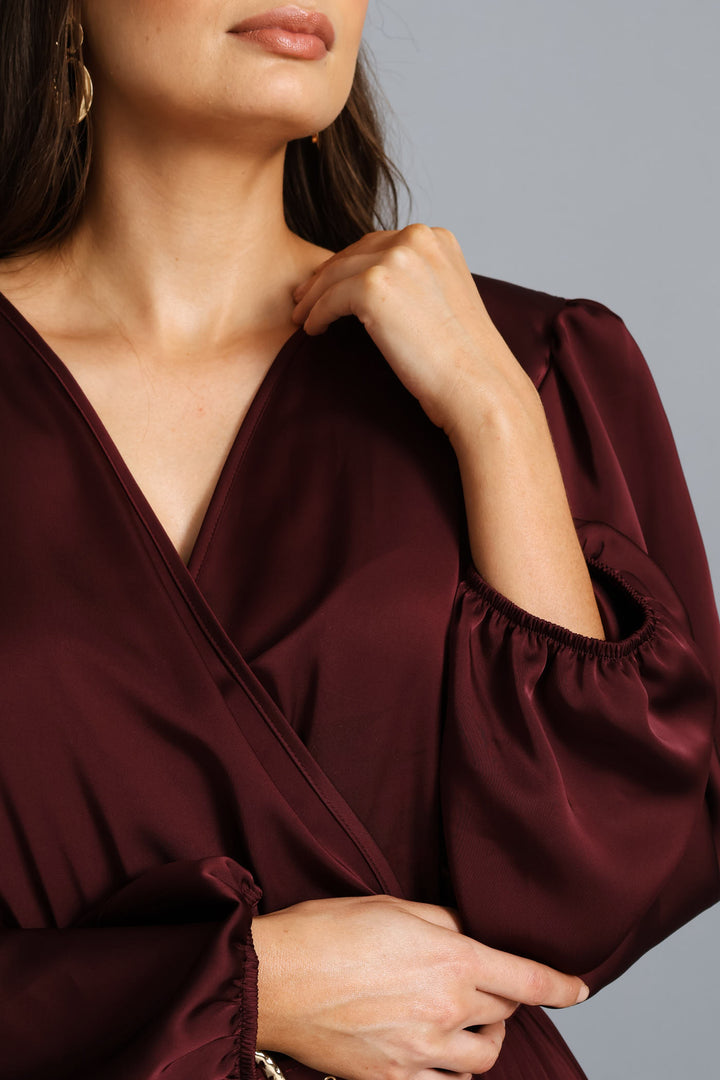 Wrap Belted Pleated Midi Dress - Wine
