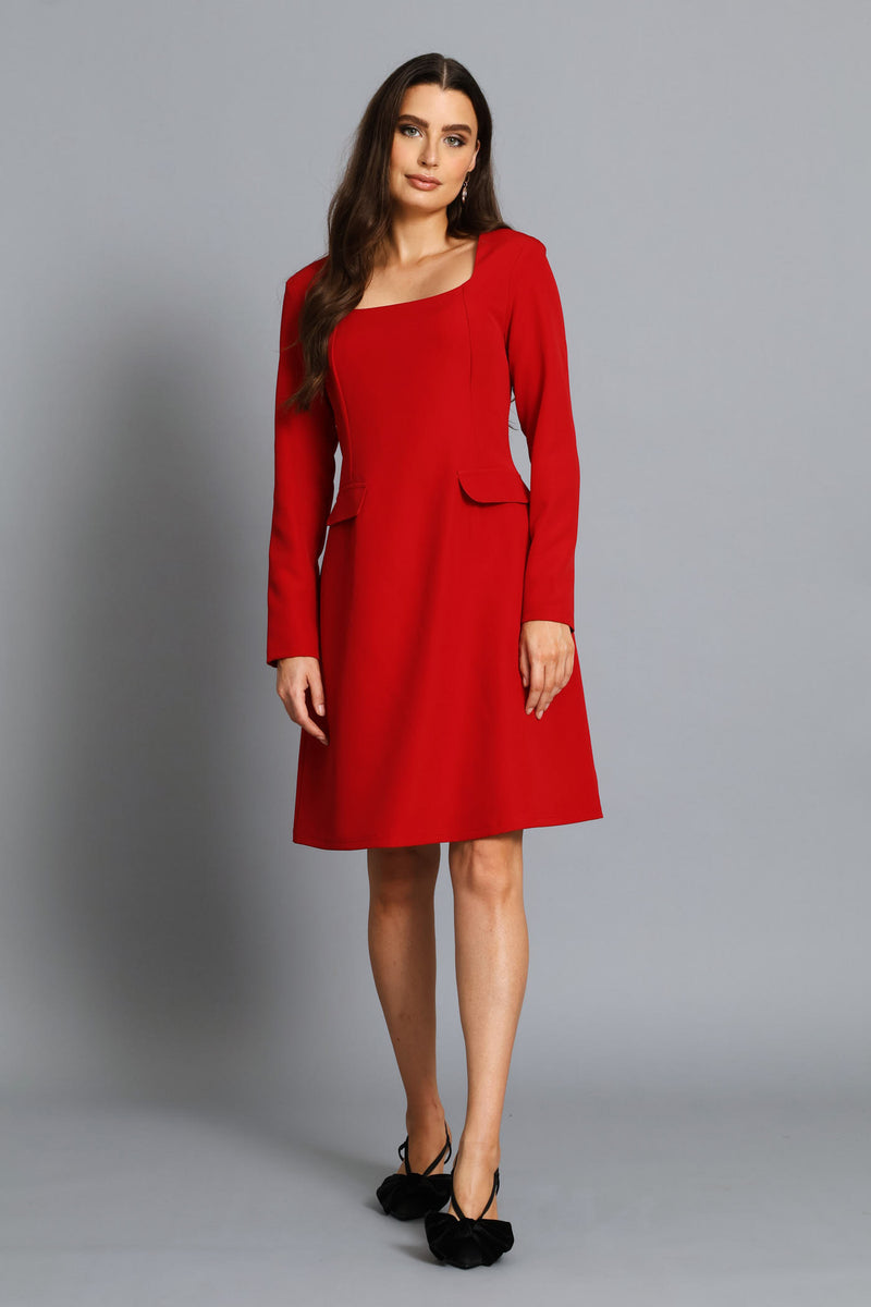 Square Neck Flared Dress - Red