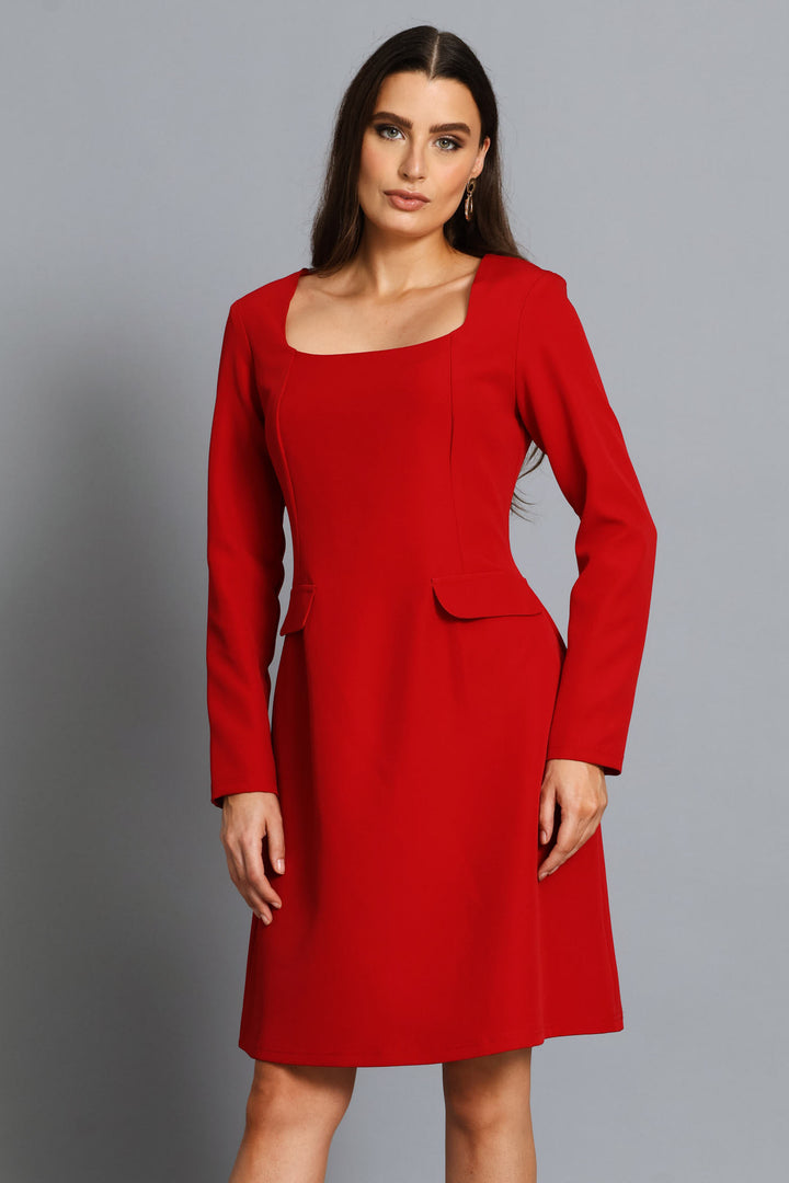 Square Neck Flared Dress - Red