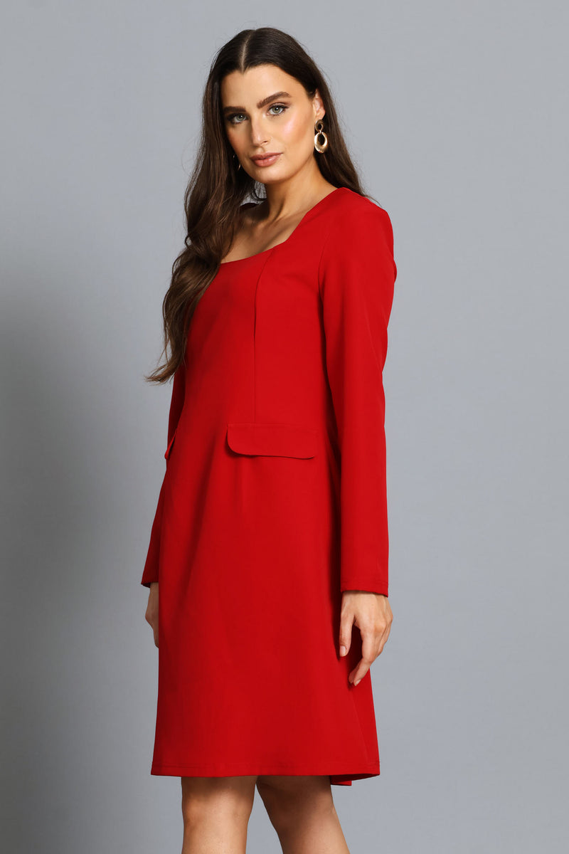 Square Neck Flared Dress - Red