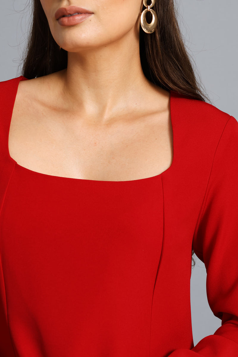 Square Neck Flared Dress - Red