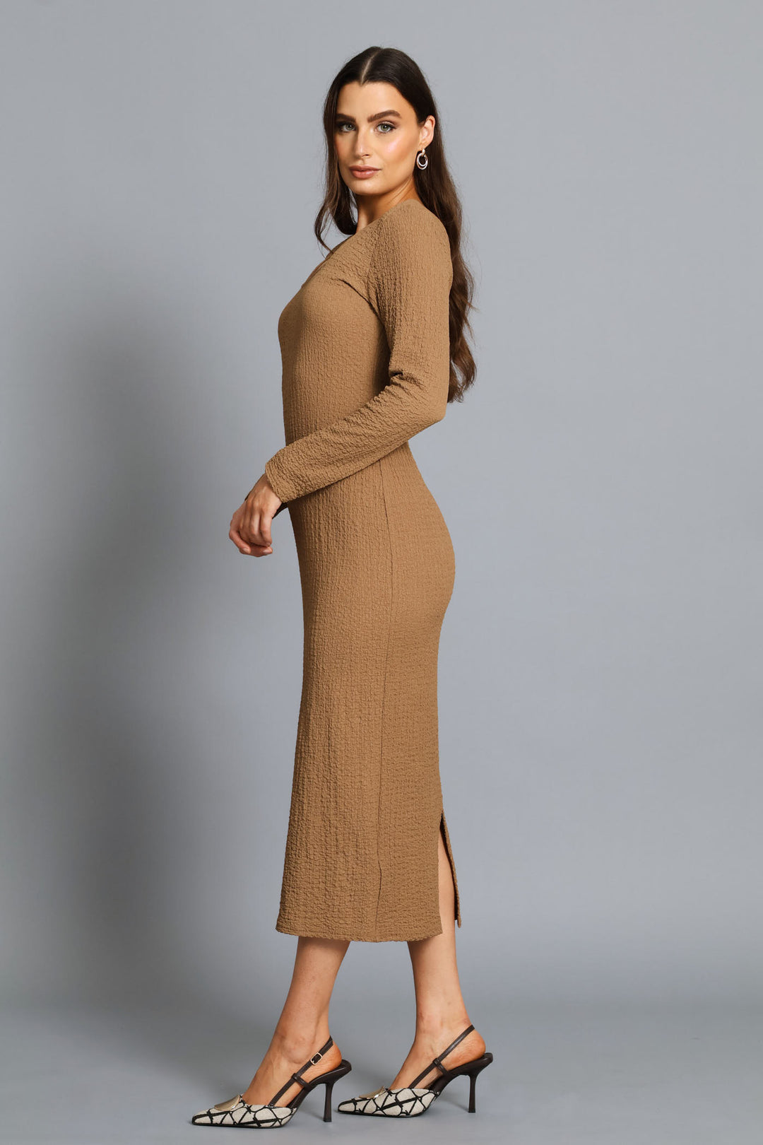 Textured Long Sleeve Bodycon Midi Dress - Mocha