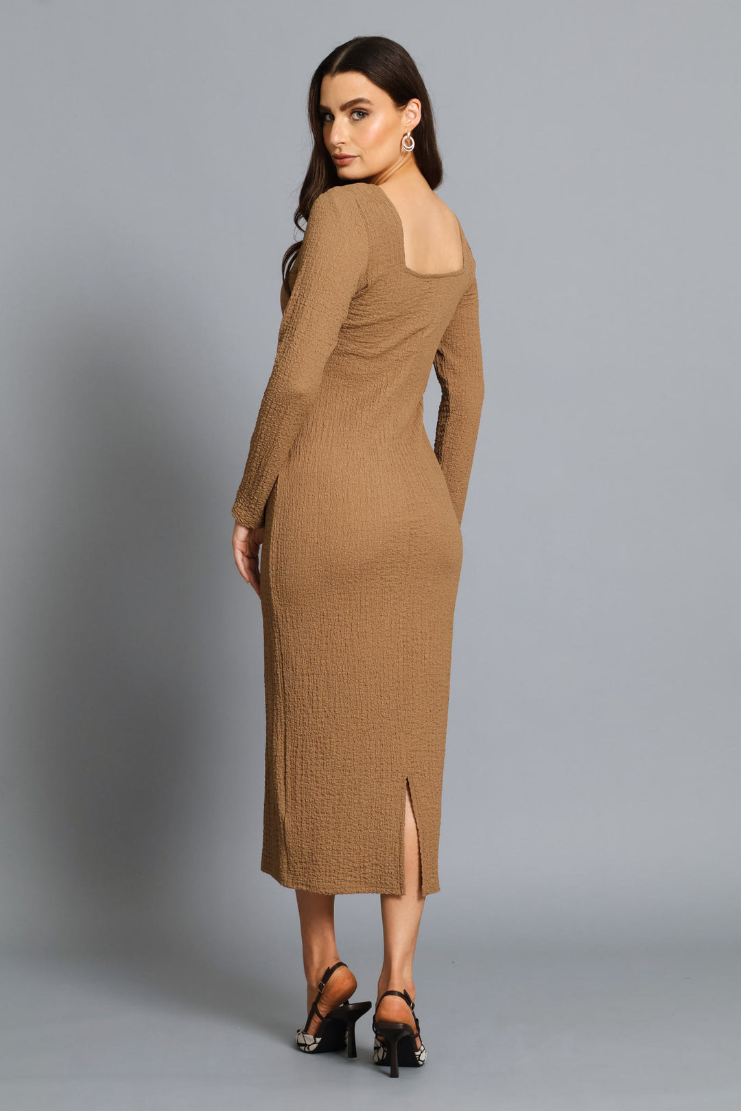 Textured Long Sleeve Bodycon Midi Dress - Mocha