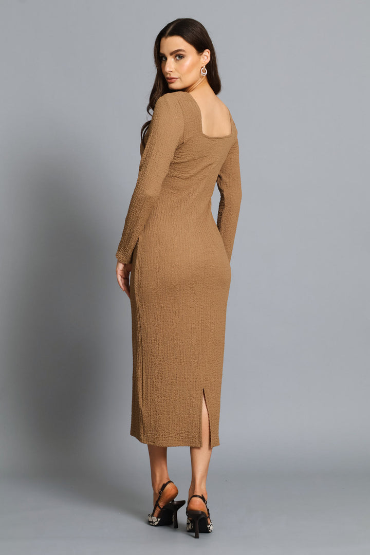 Textured Long Sleeve Bodycon Midi Dress - Mocha