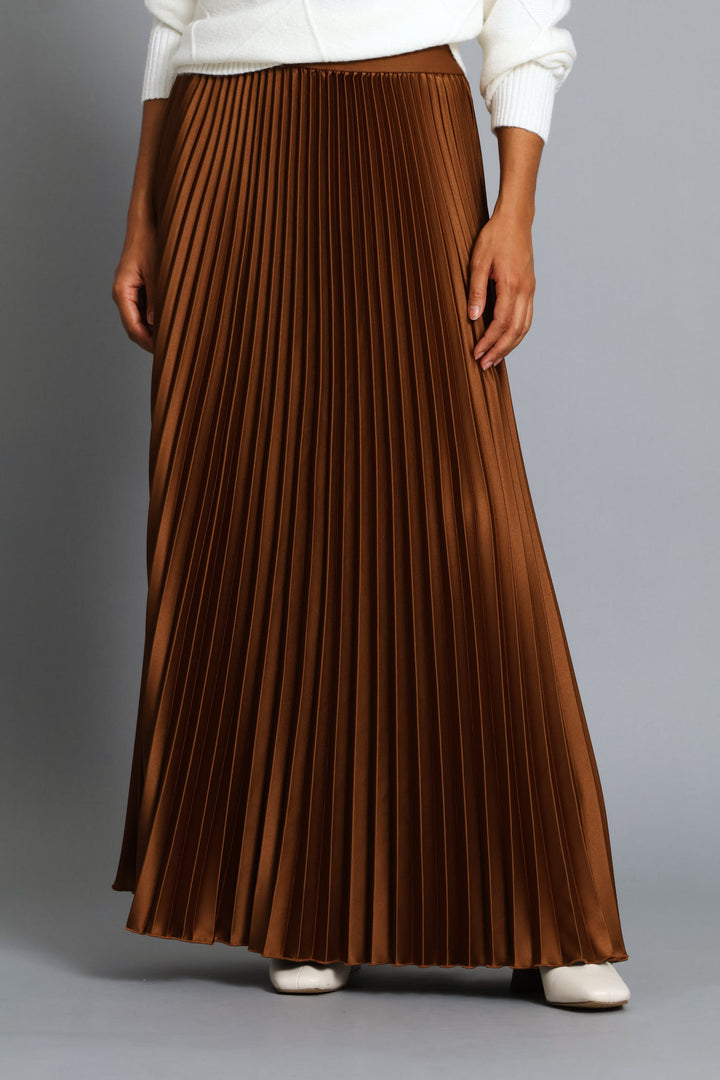 Pleated Satin Maxi Skirt - Bronze