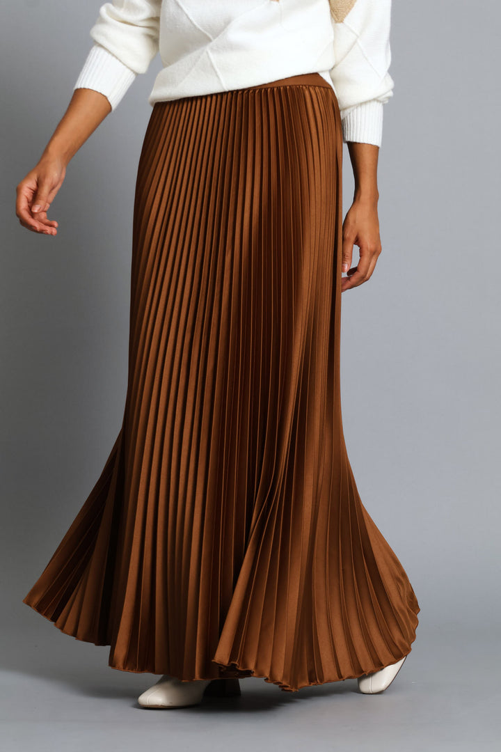 Pleated Satin Maxi Skirt - Bronze