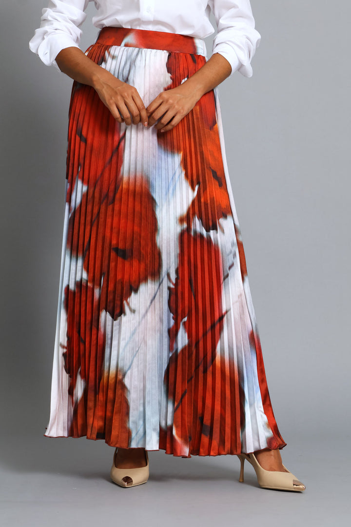 Pleated Tie Dye Satin Maxi Skirt - Wine