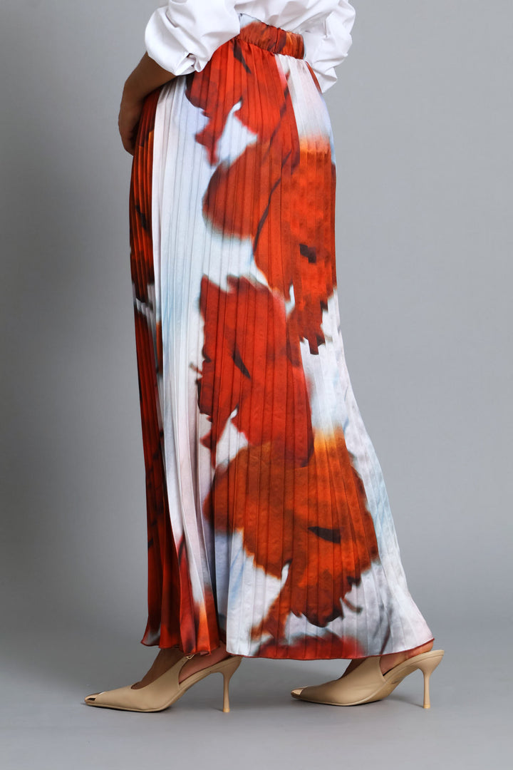 Pleated Tie Dye Satin Maxi Skirt - Wine