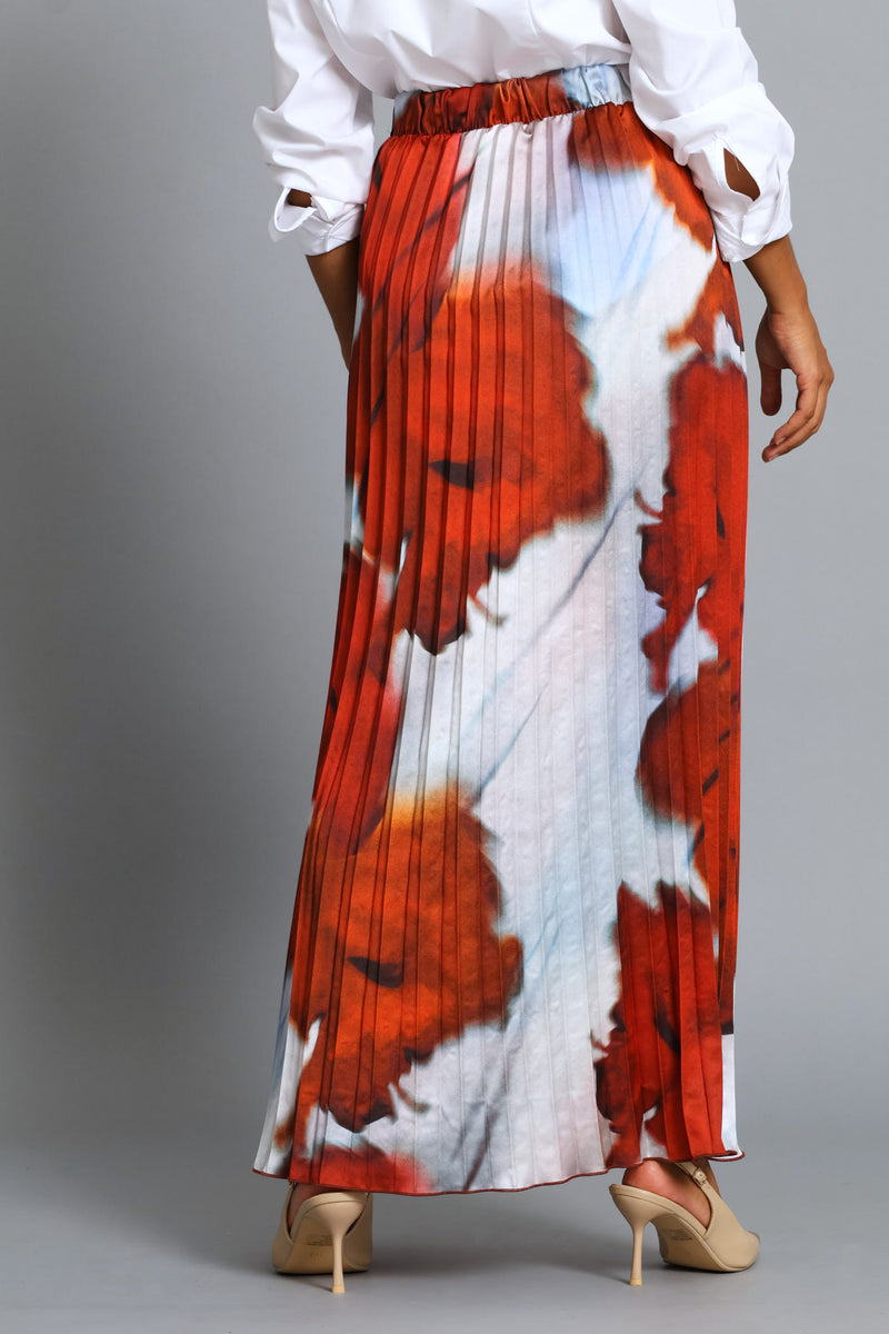 Pleated Tie Dye Satin Maxi Skirt - Wine