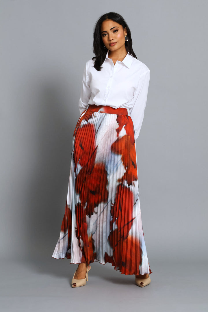 Pleated Tie Dye Satin Maxi Skirt - Wine