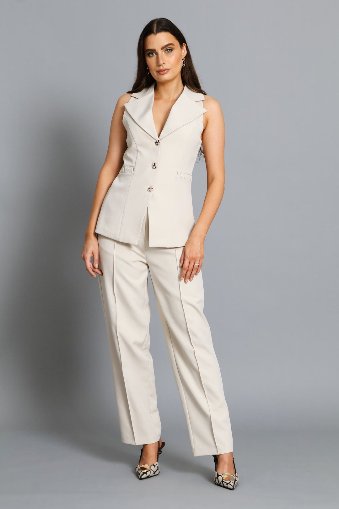 Ruched Panel Long Length Waistcoat - Stone
