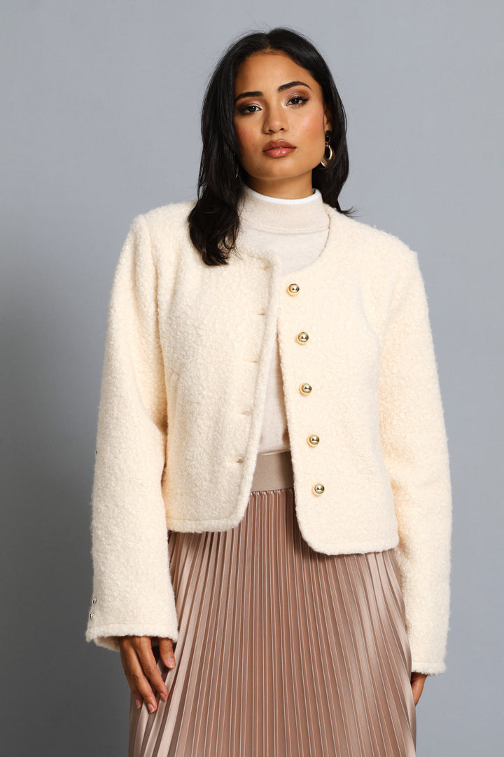 Boucle Button Through Coat - Cream