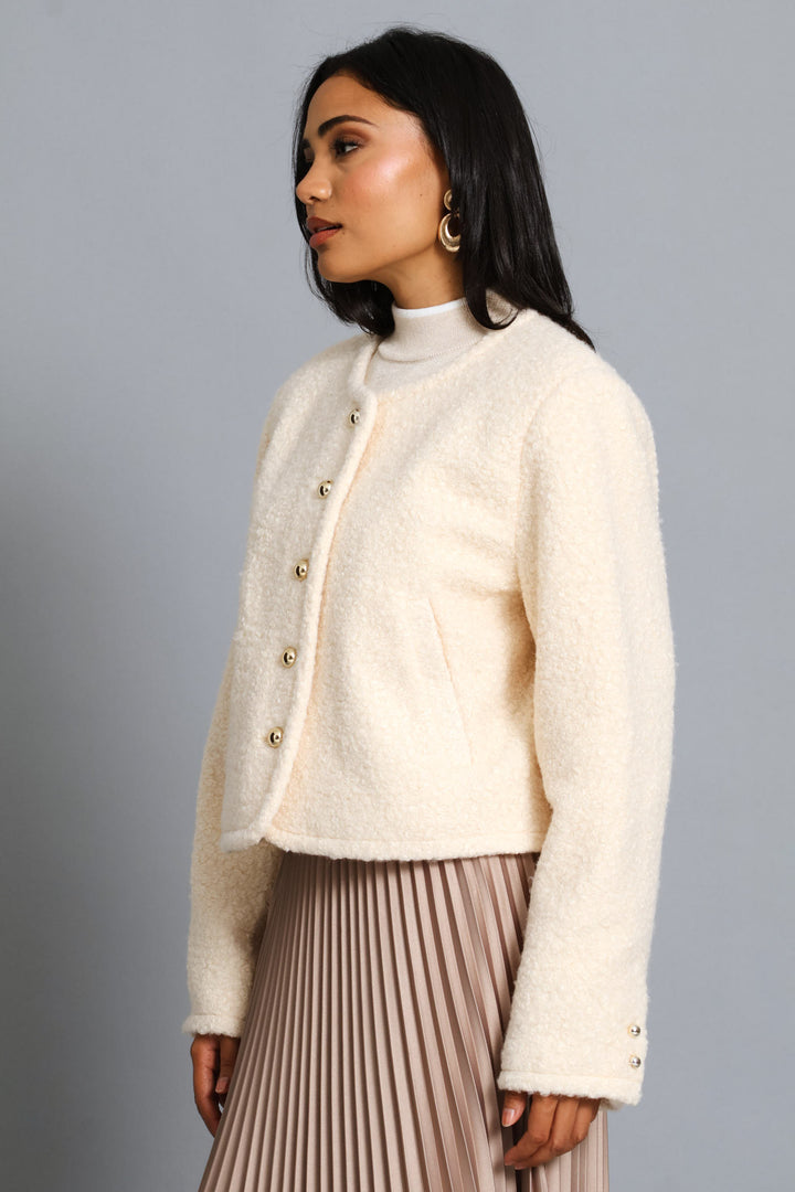 Boucle Button Through Coat - Cream