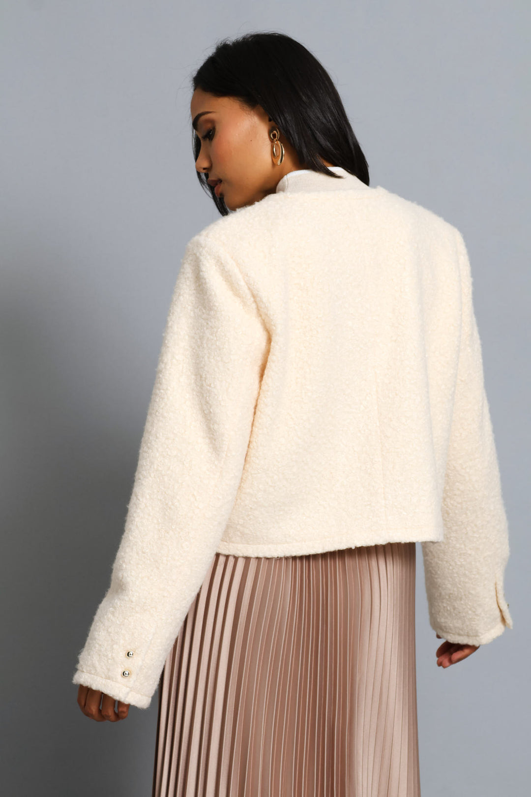 Boucle Button Through Coat - Cream