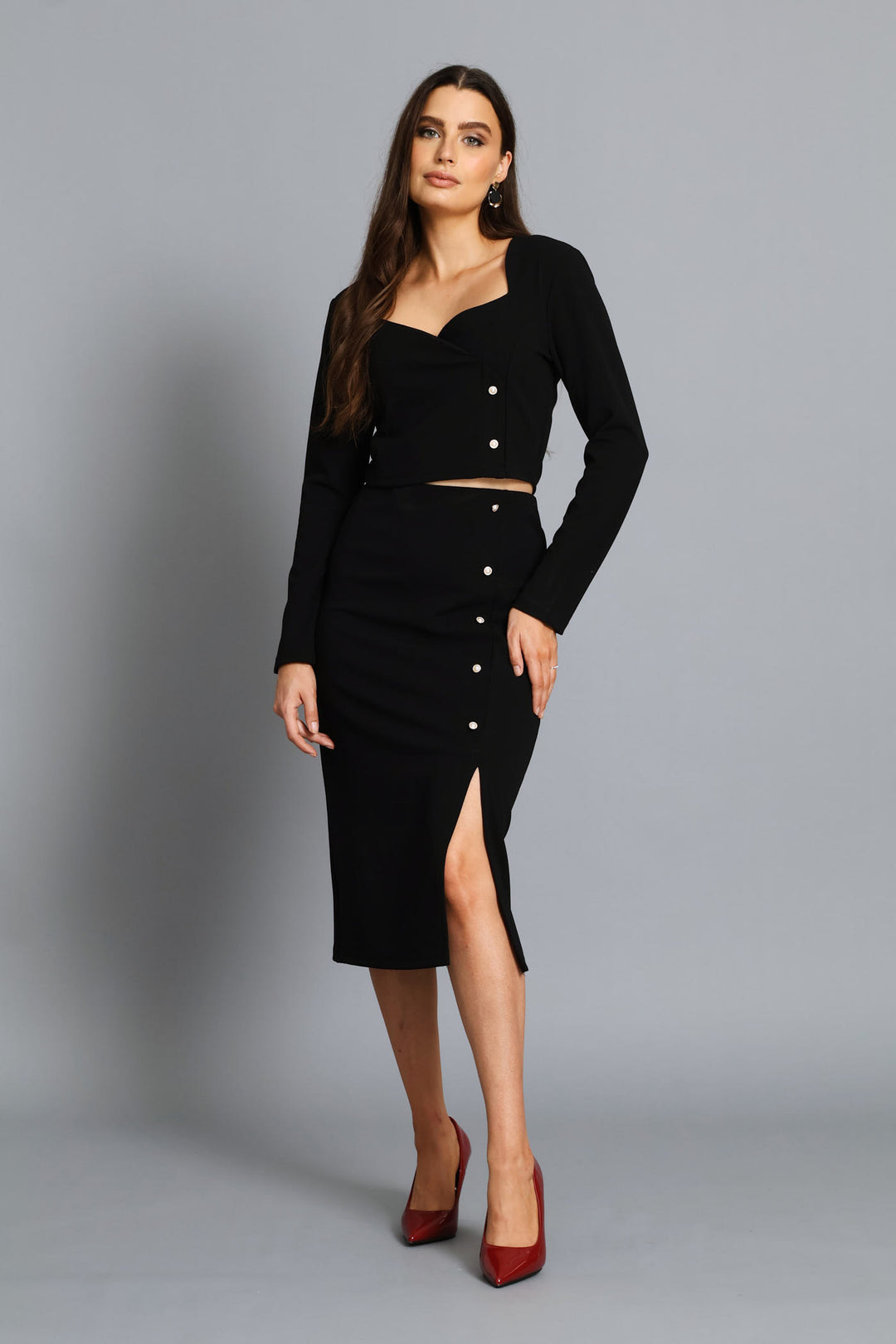 Button Slit Hem Pencil Skirt - Black