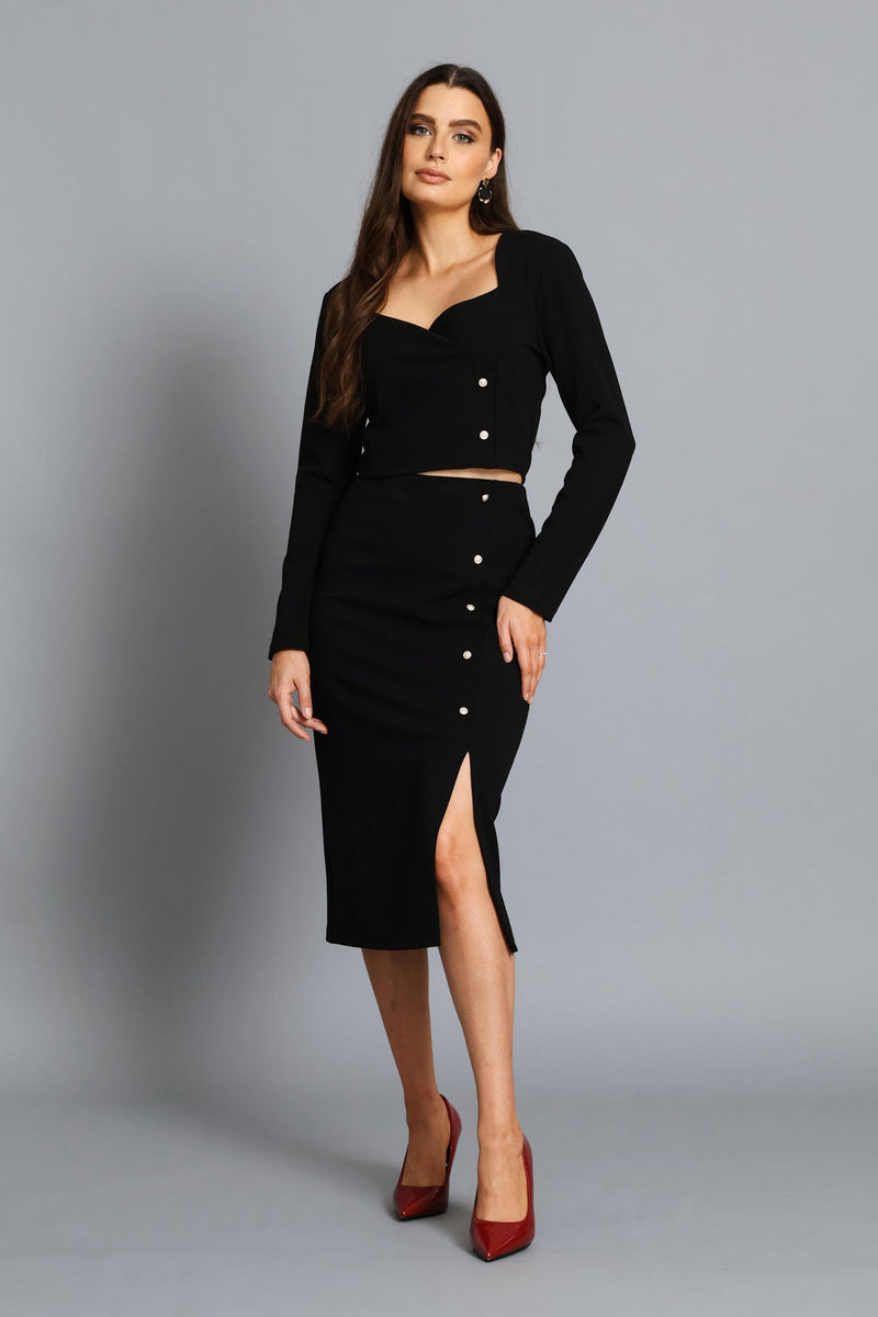 Button Slit Hem Pencil Skirt - Black