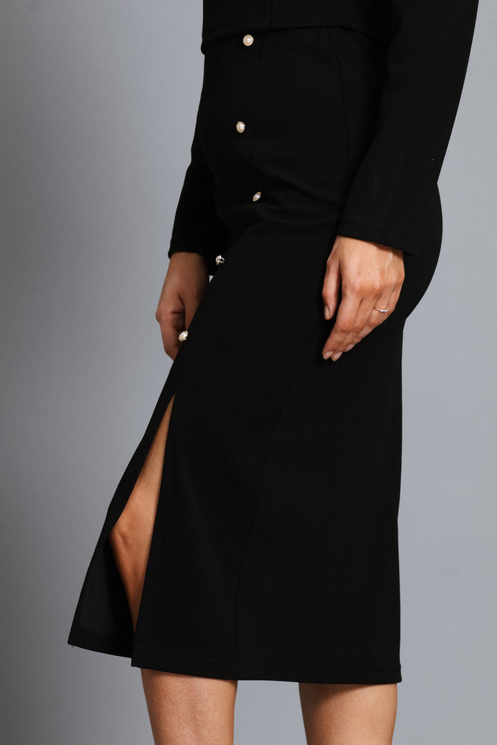 Button Slit Hem Pencil Skirt - Black