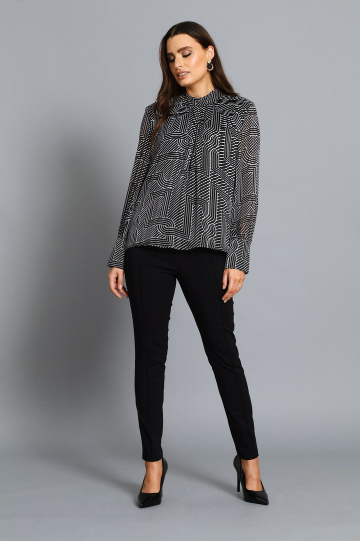 Hi-Neck Keyhole Geo Blouse - Black/Cream