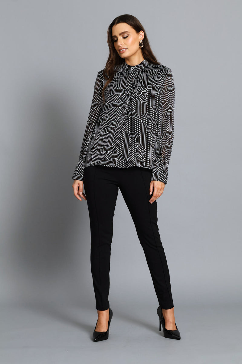 Hi-Neck Keyhole Geo Blouse - Black/Cream