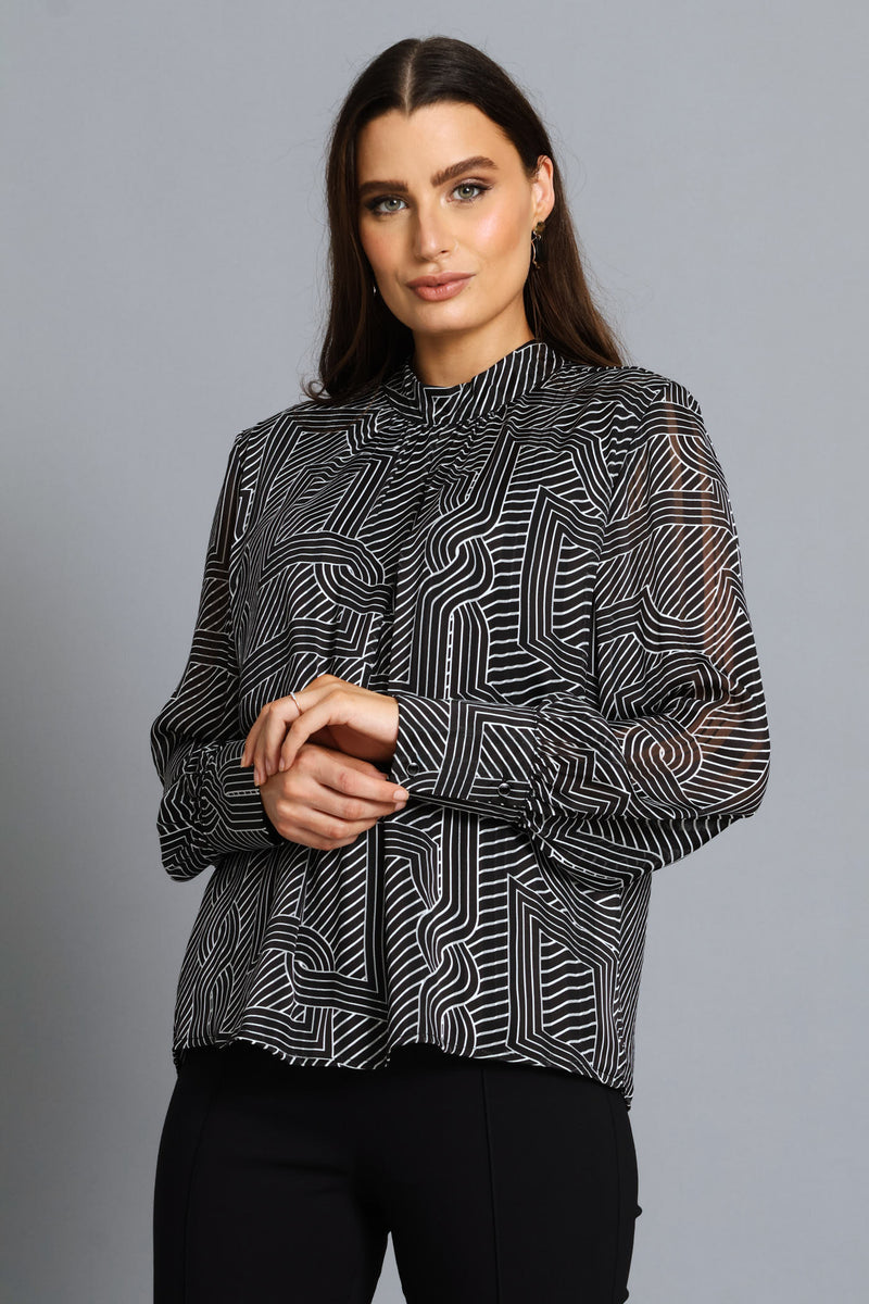 Hi-Neck Keyhole Geo Blouse - Black/Cream