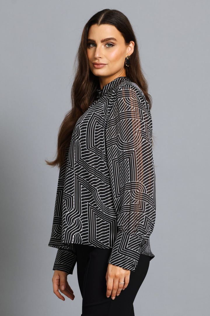 Hi-Neck Keyhole Geo Blouse - Black/Cream