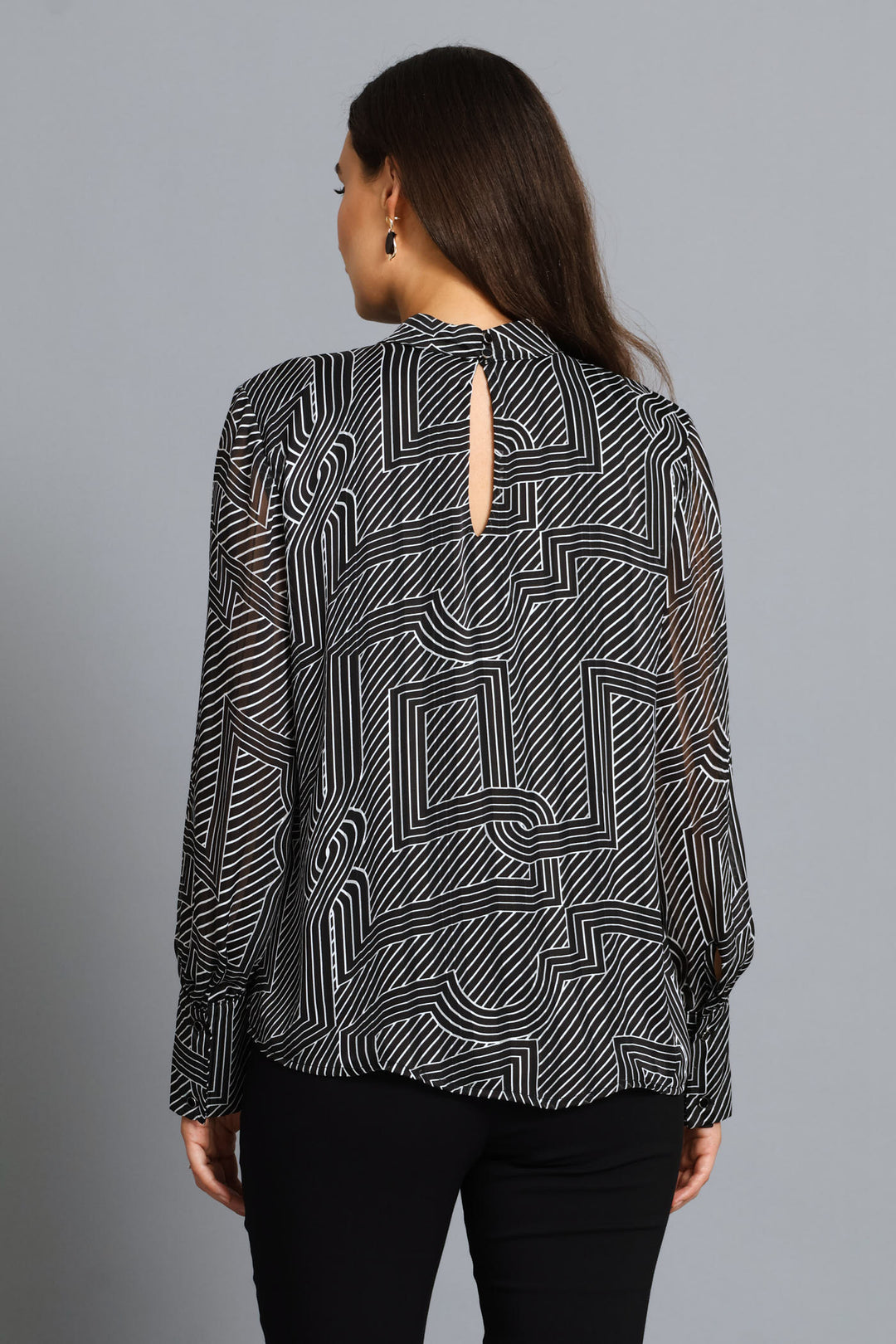 Hi-Neck Keyhole Geo Blouse - Black/Cream