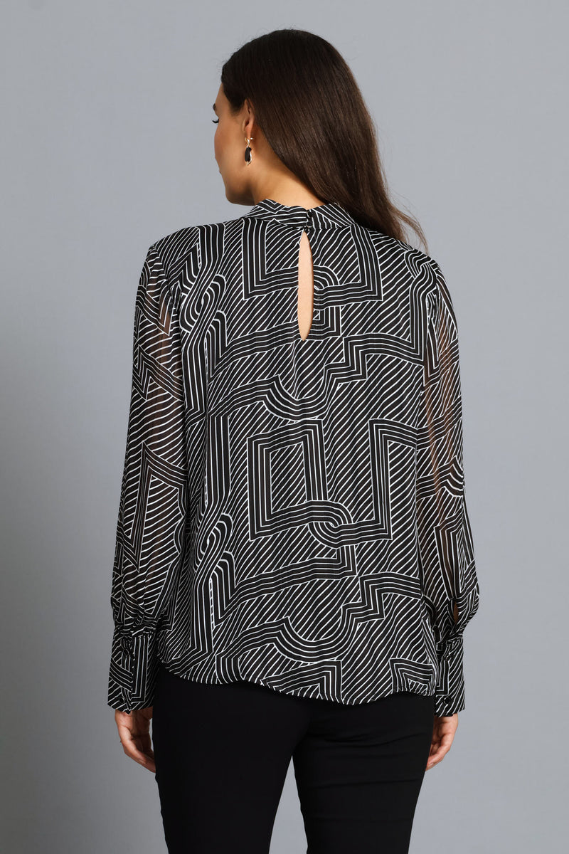 Hi-Neck Keyhole Geo Blouse - Black/Cream