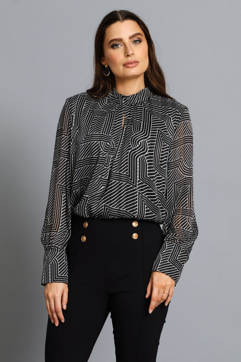 Hi-Neck Keyhole Geo Blouse - Black/Cream