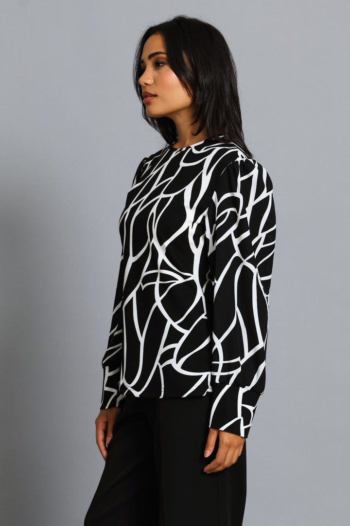 Abstract Knitwear Combo Blouse - Black/Cream