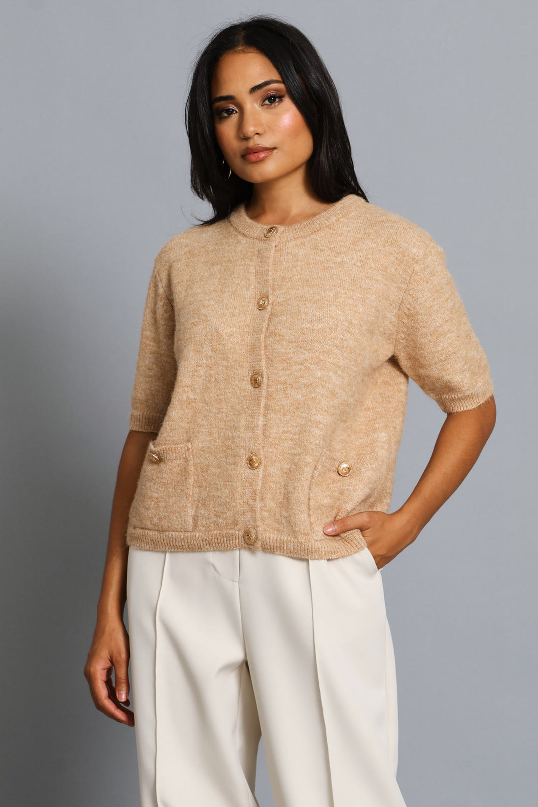 Fluffy Mohair Short Sleeve Cardigan - Oatmeal
