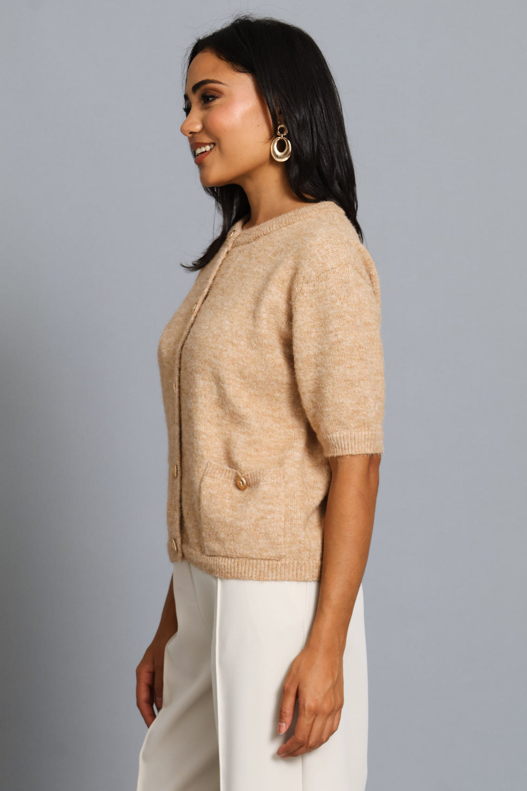 Fluffy Mohair Short Sleeve Cardigan - Oatmeal