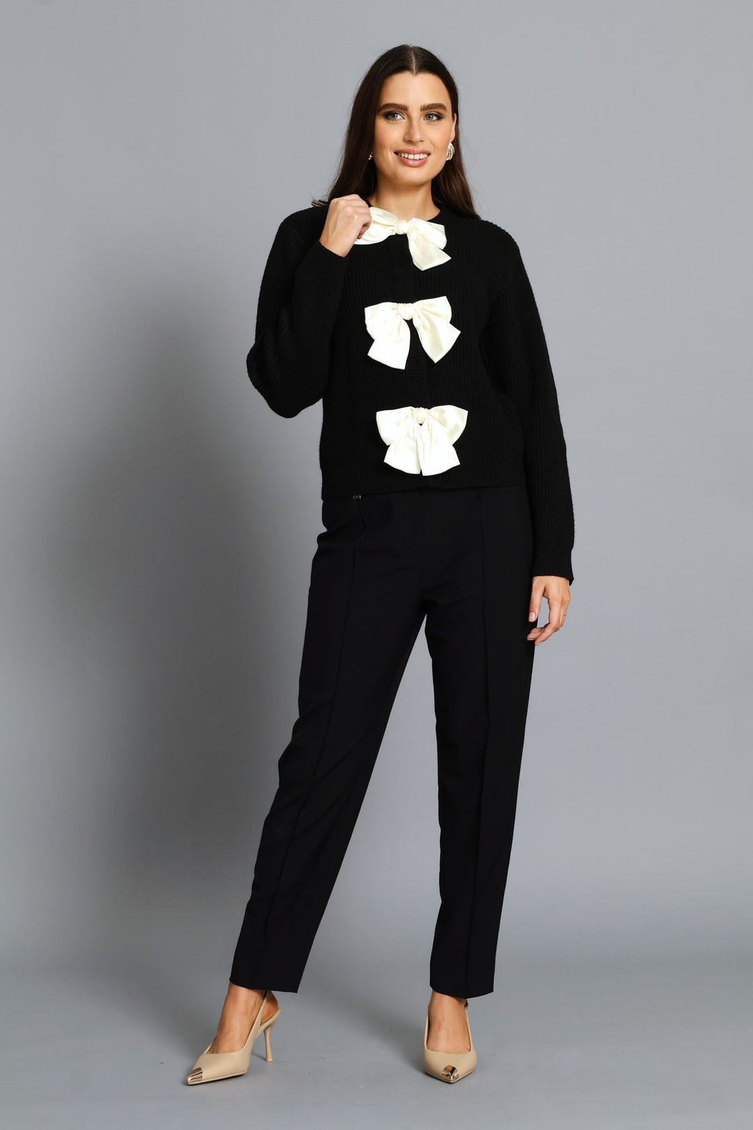 Long Sleeve Bow Detail Cardigan - Black/Cream