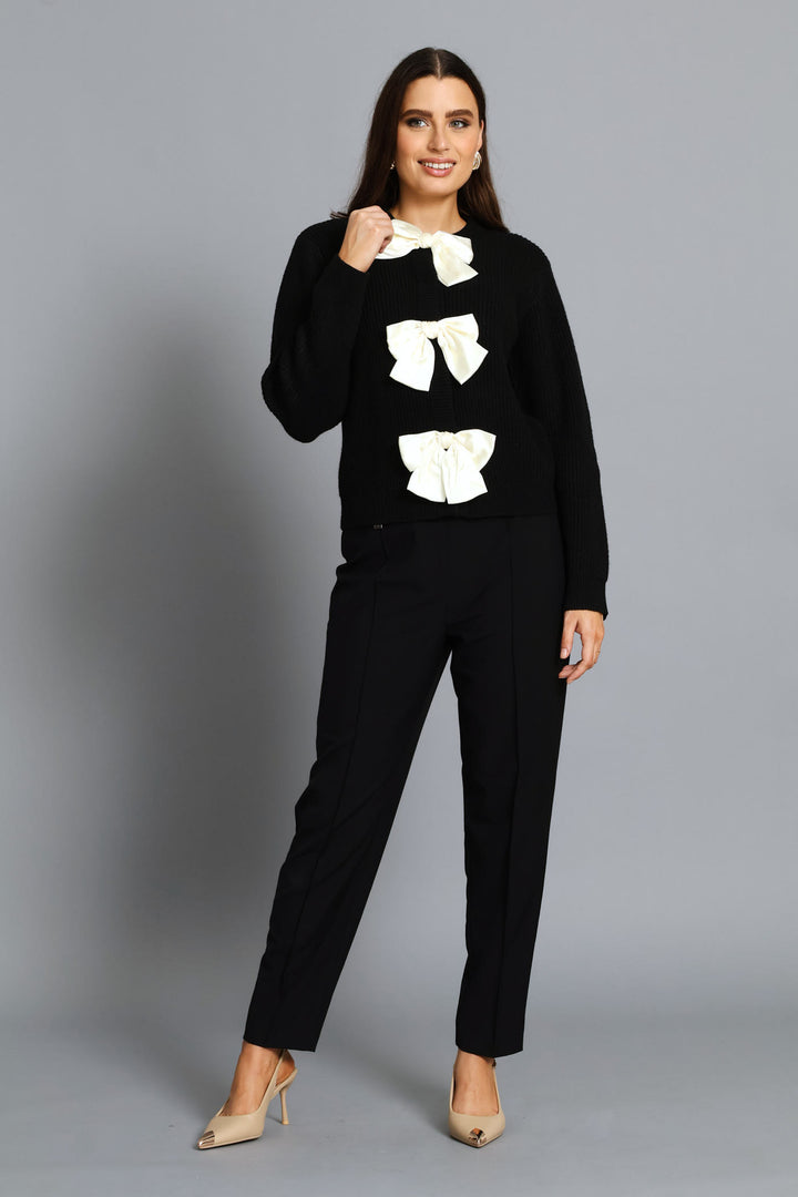 Long Sleeve Bow Detail Cardigan - Black/Cream