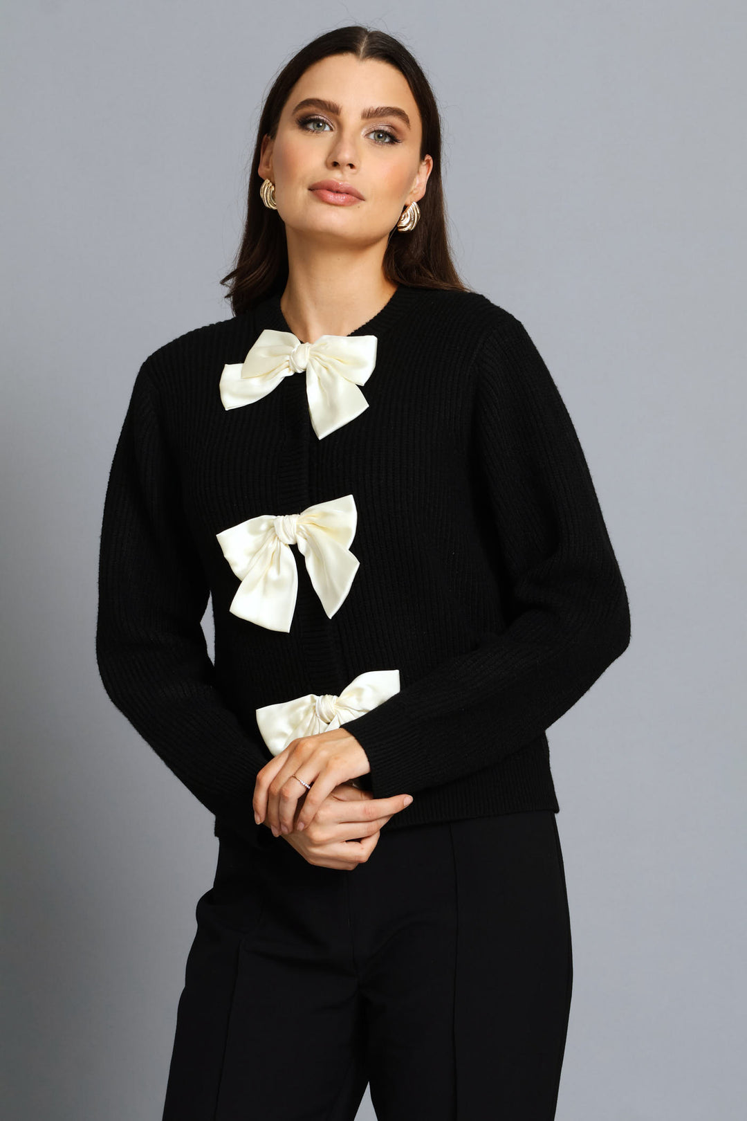 Long Sleeve Bow Detail Cardigan - Black/Cream