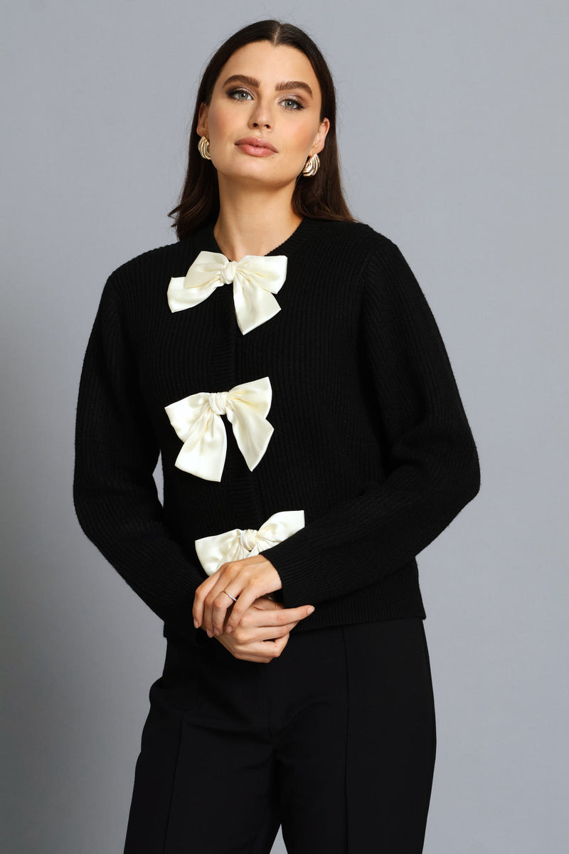 Long Sleeve Bow Detail Cardigan - Black/Cream