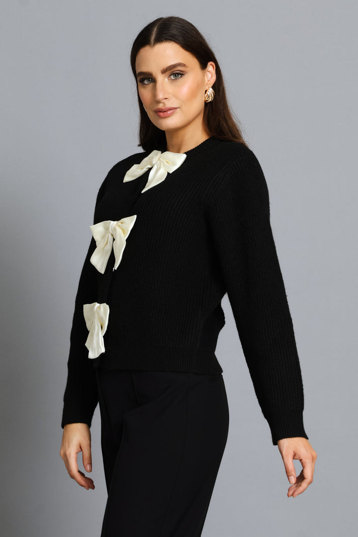 Long Sleeve Bow Detail Cardigan - Black/Cream