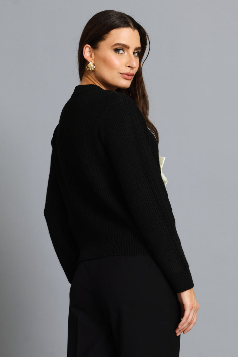 Long Sleeve Bow Detail Cardigan - Black/Cream