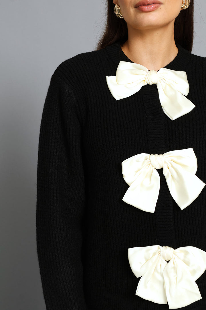 Long Sleeve Bow Detail Cardigan - Black/Cream